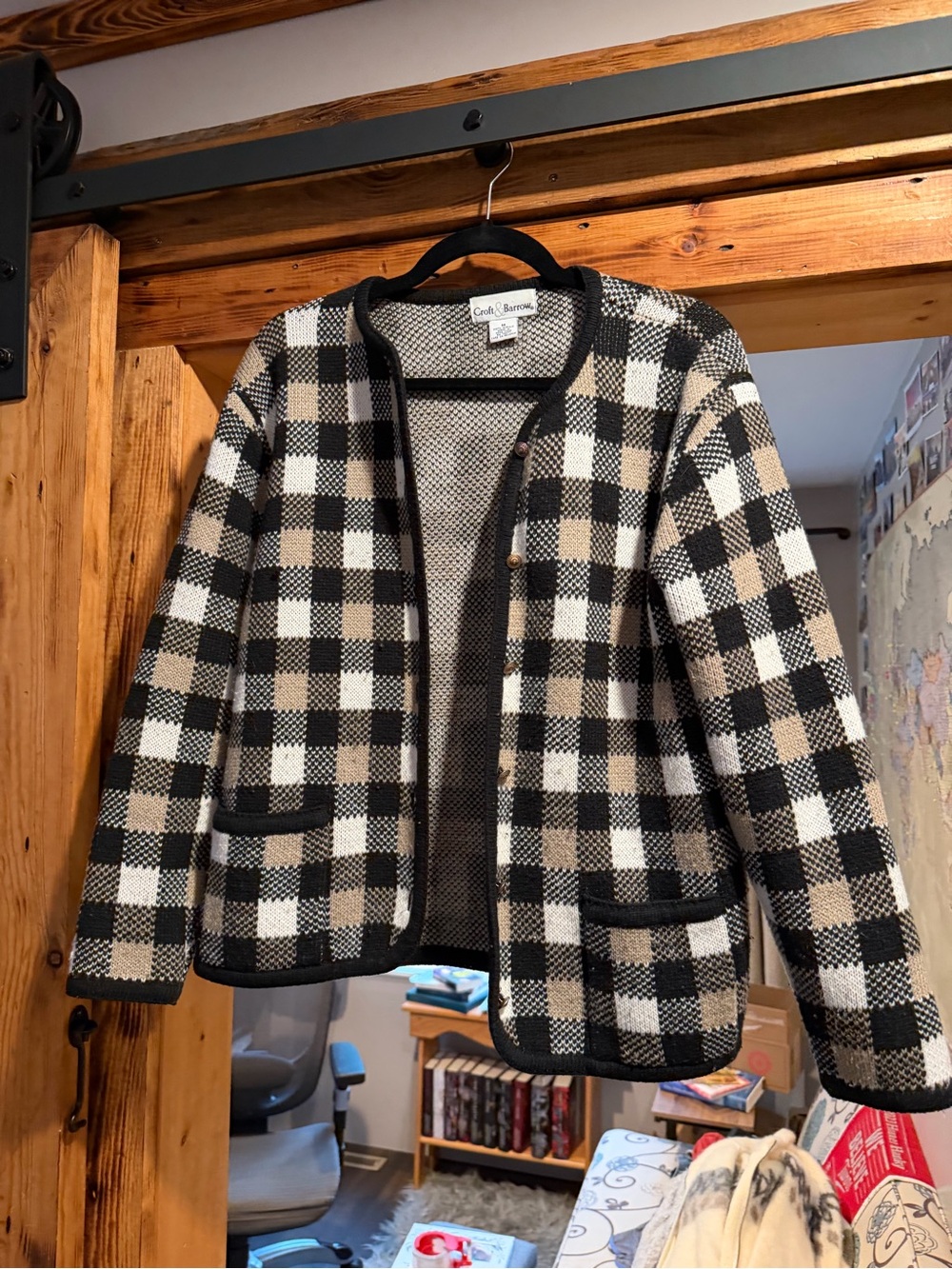croft & barrow Black, Cream & Tan Checkered Knit Jacket